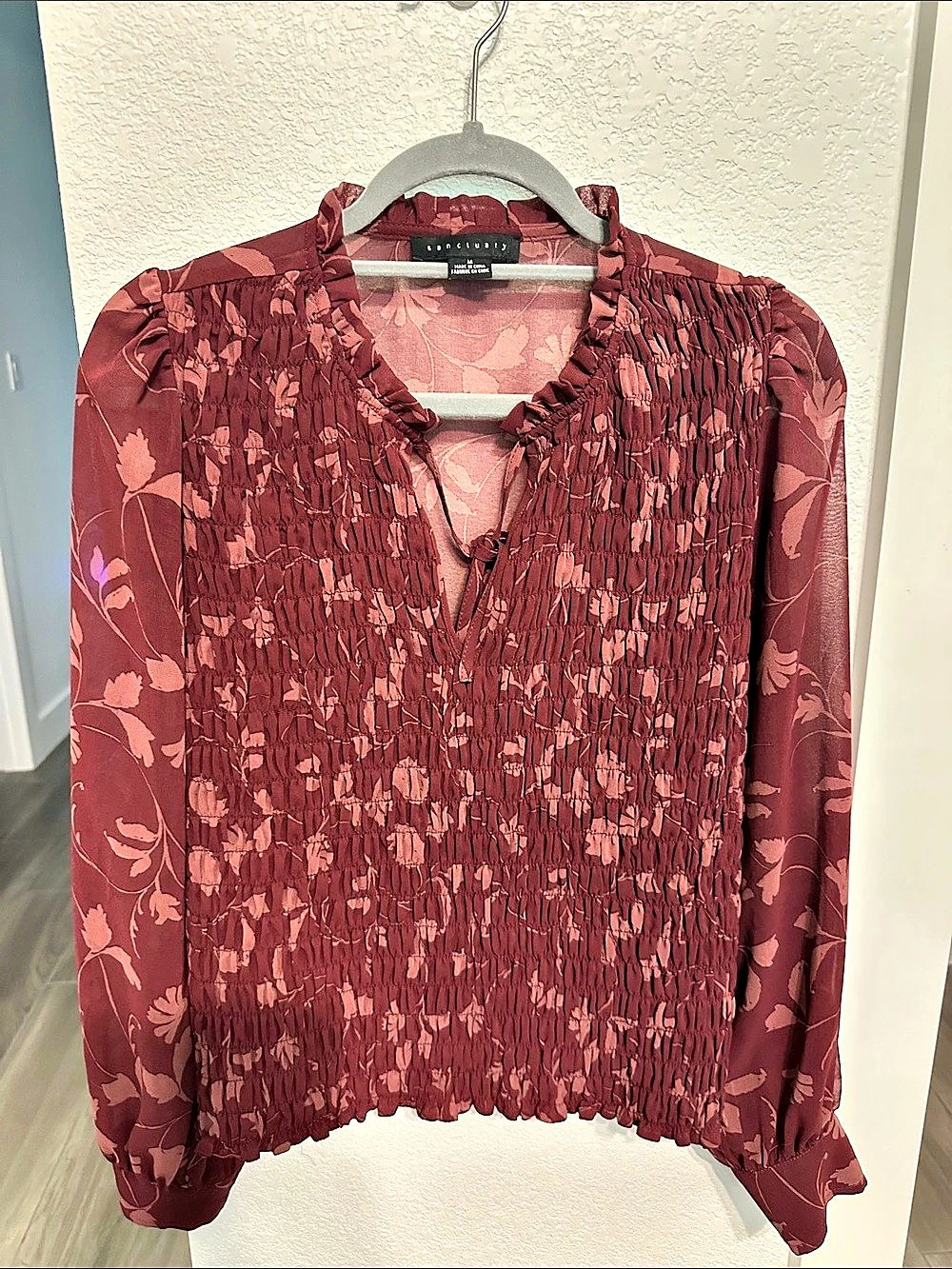 Sanctuary Floral Smocked Blouse in Burgundy & Pink Like New